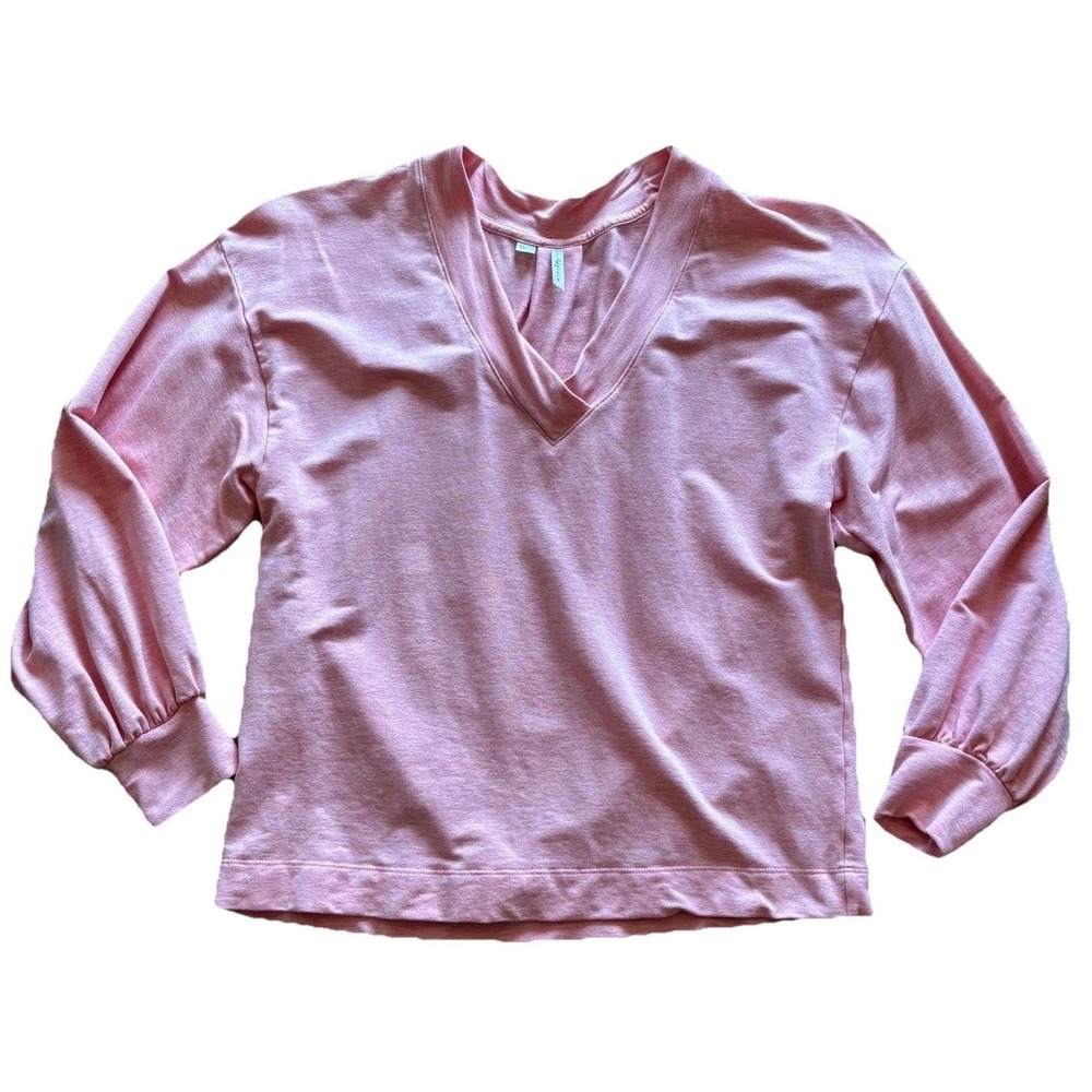TravisMathew Womens Pink V-Neck Long Sleeve Pullover Top Size S Bishop Sleeve